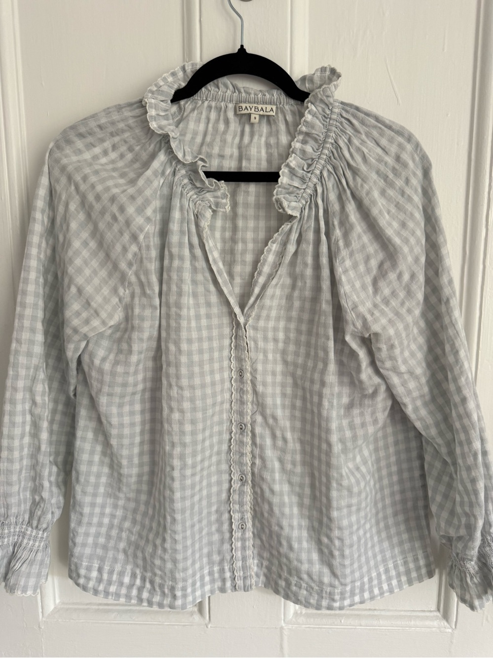 Baybala Light Gray Gingham Ruffle-Trim Button Blouse